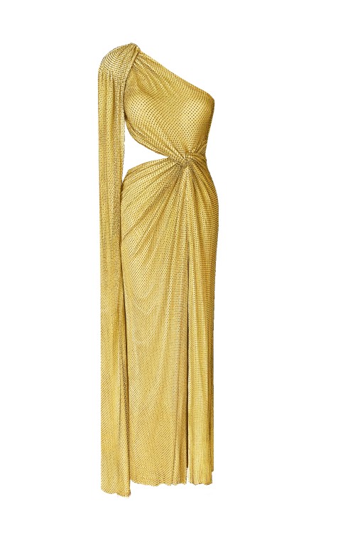 Tek Omuz Cut Out Yırtmaç Detaylı Pelerinli Uzun Taşlı Abiye Elbise