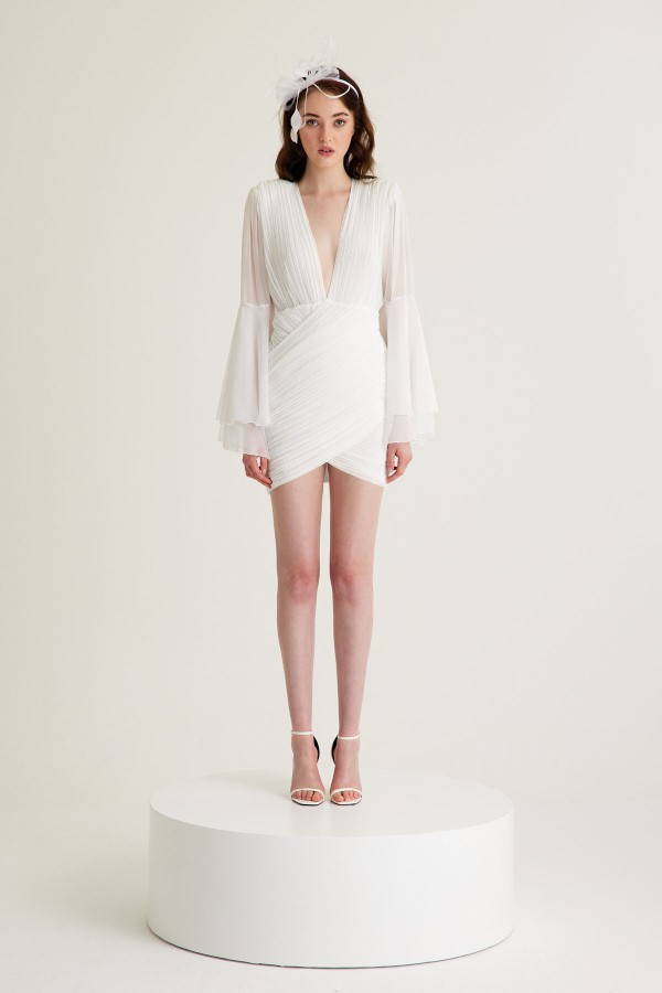 'TERRA' Beyaz Kolları Volanlı Piliseli Anvelop Etek Mini Elbise 
