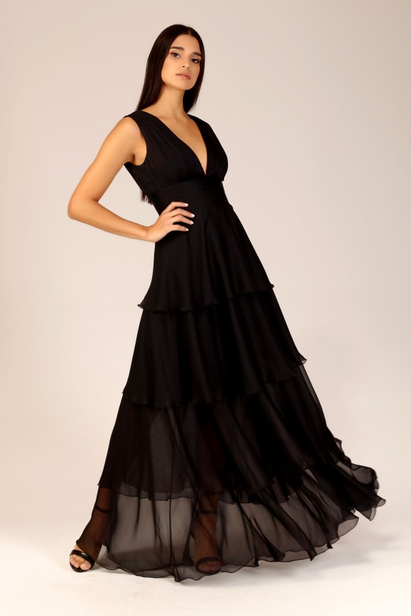 'BEATRICE' Siyah Drape Detaylı Volanlı Elbise
