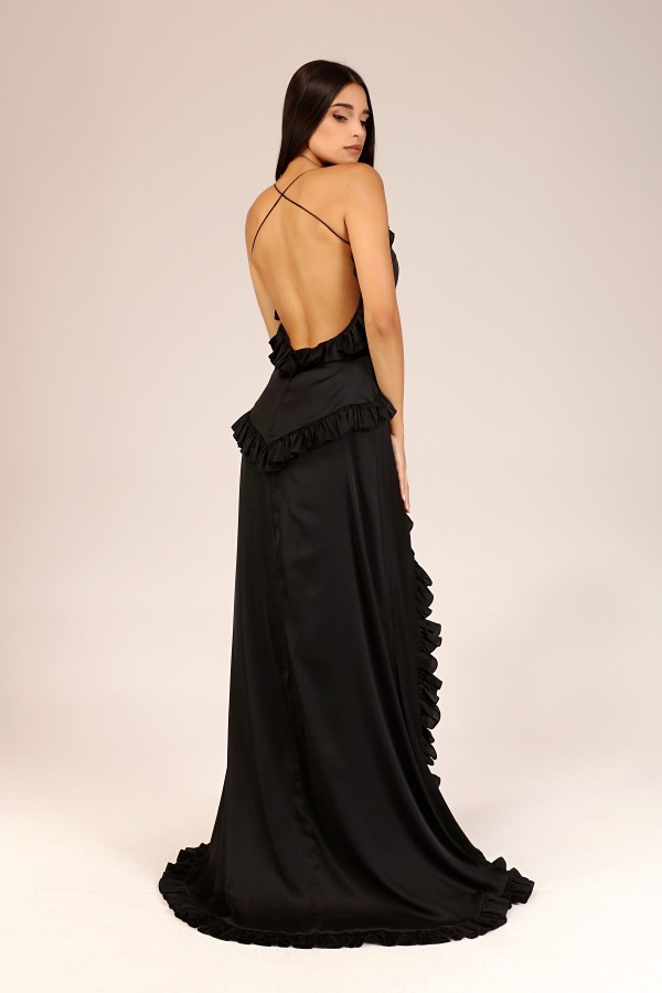 'ELENA' Siyah Sırtı Açık Fırfırlı Elbise