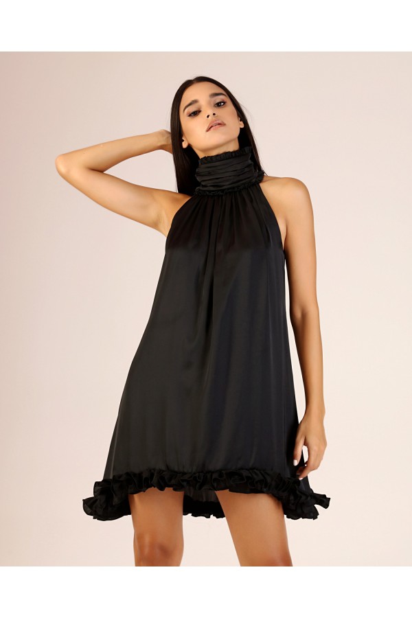 'BETTY' Siyah Dik Yaka Fırfırlı Elbise